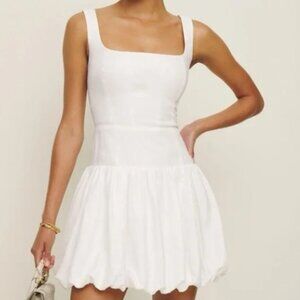 Reformation Delia Linen Sleeveless Bubble Hem Mini Dress White